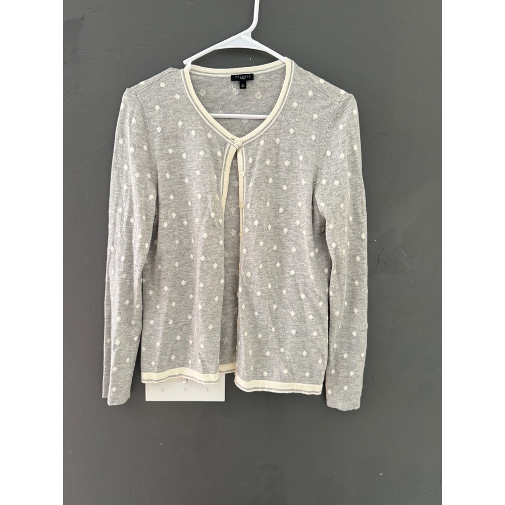 Talbots Petites Gray Polka Dot Cashmere Blend Button Front Cardigan Sweater SP